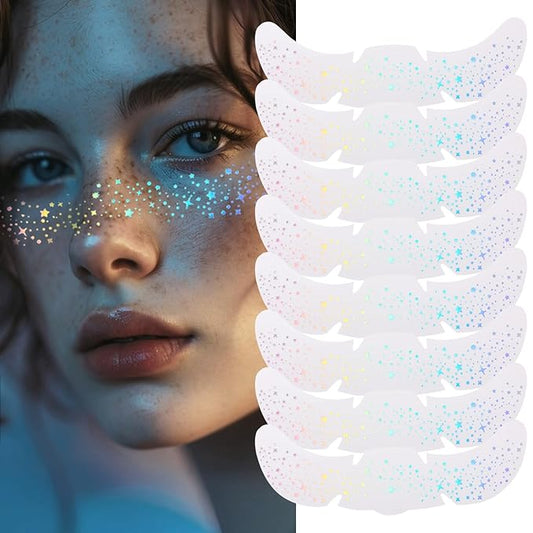 8Pcs Face Makeup Patches, Glitter Freckles Face Tattoo for Teenagers & Young Women, Sparkle Freckles Makeup Patches, Waterproof Face Glitter Freckles for Christmas (8PcsB Holographic Multicolor)