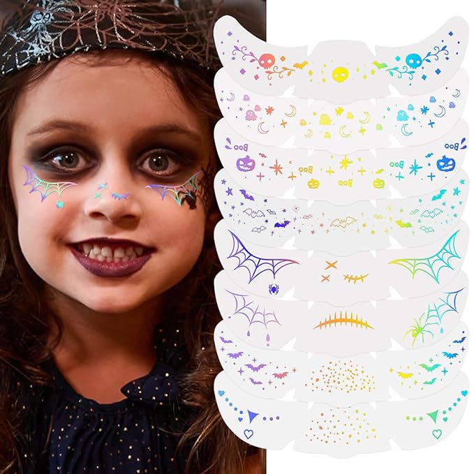 8Pcs Halloween Face Makeup Patches, Glitter Freckles Face Tattoo for Teenagers & Young Women, Sparkle Freckles Makeup Patches, Waterproof Face Glitter Freckles (8PcsC Holographic Multicolor)