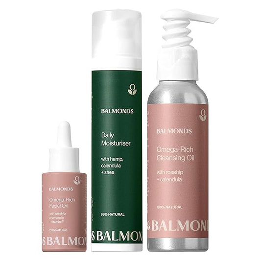 Balmonds Omega-Rich Cleansing Oil, Intensive Facial Oil & Daily Moisturizing Cream - 100% Natural, Fragrance-Free, Vegan & Cruelty-Free Skincare for Dry Skin - Face & Body - 1.1 oz / 3.5 oz (100ml)