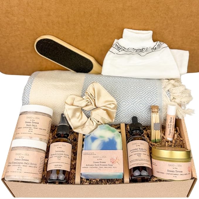 Bath Gift Set for Women, Handmade Gifts For Women, Relaxing, Pampering & Beauty Gift Basket, Unique Spa Kit for Woman, Mom, Best Friend Self Care Gift Box 13 pc (Ocean Dream)