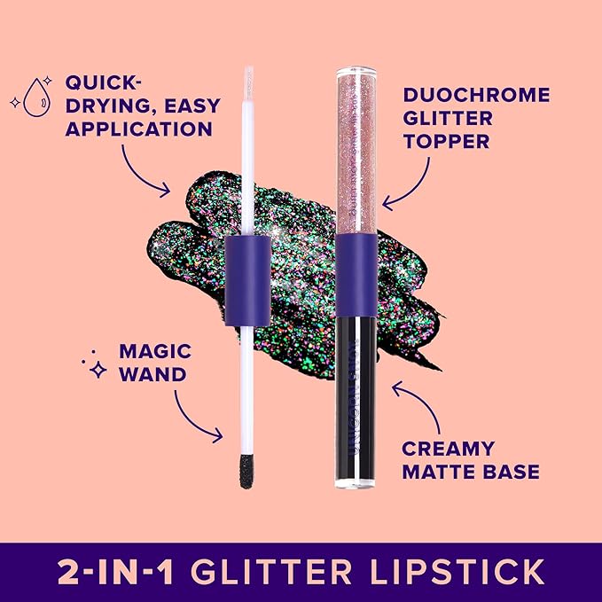 UNICORN SNOT Quiet Riot™ Plastic-Free Glitter Lip Duo | 2-in-1 Set w/Matte Lipstick & Sparkly Glitter Lip Gloss | Halloween Costume Makeup | 0.15oz Black Lipstick & 0.16oz Gloss (Chasm)