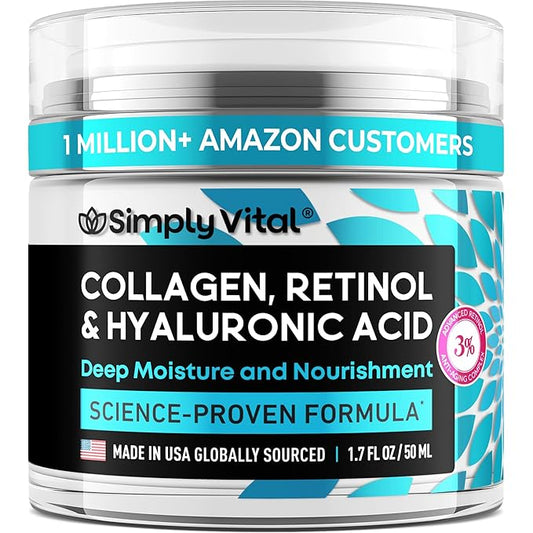 SimplyVital Collagen, Retinol & Hyaluronic Acid Cream - Anti-Aging Face Moisturizer for Face, Firming Skin Care Neck & Décolleté - Made in USA, Daily Moisturizer Face Cream Day & Night - 1.7 fl.oz.