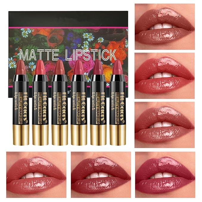 6Pcs Moisturizing Gloosy Nude Lipstick Set, Nude Pink Rose Mauve Red Brown 6 Rich Shades Waterproof Long Lasting Non-Stick Cup 24 Hour Lip Crayon Pencil Makeup Lip Liner Pen Set Christmas Gifts