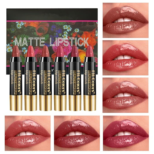 6Pcs Moisturizing Gloosy Nude Lipstick Set, Nude Pink Rose Mauve Red Brown 6 Rich Shades Waterproof Long Lasting Non-Stick Cup 24 Hour Lip Crayon Pencil Makeup Lip Liner Pen Set Christmas Gifts