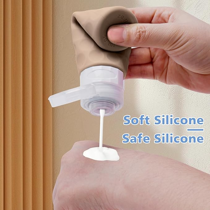 Travel Bottles for Toiletries, 4pcs Tsa Approved 3oz Travel Size Containers, BPA Free Leak Proof Premium Silicone Bottles, Refillable Liquid Squeezable Accessories W/Toiletry Bag(Cream)