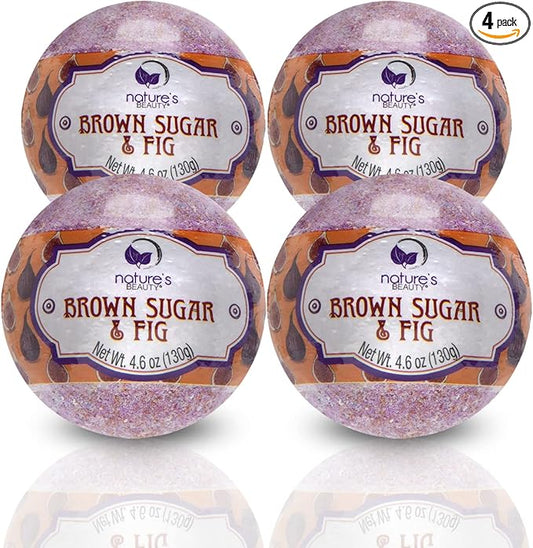 Nature's Beauty Brown Sugar & Fig Bath Bomb Multi-Pack - Natural Hand Crafted, Non-Staining, Luxury Fizzy Spa Bomb, Moisturize Dry Skin, Made w/Orange Extract + Coconut Oil, 4.6 oz (4 Pack)