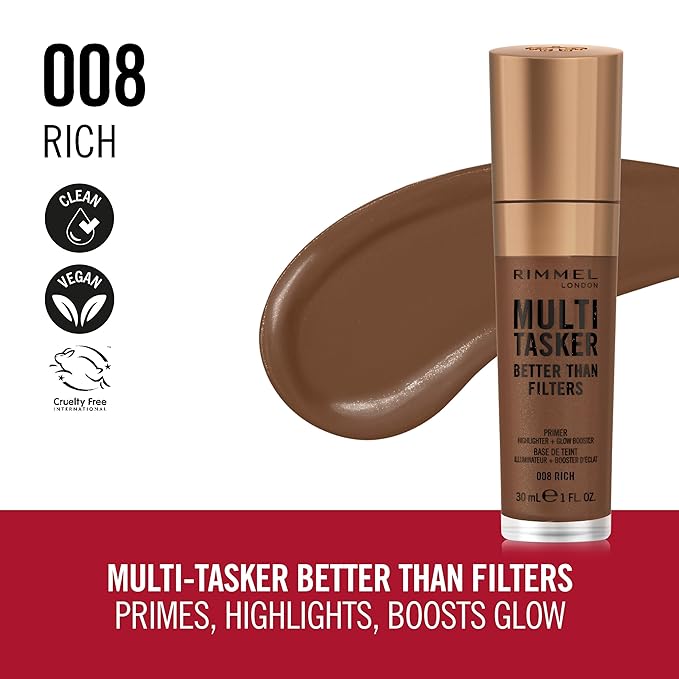 Rimmel Multi-Tasker Better Than Filters, 008 Rich, Face Primer, Glow Booster and Highlighter, Vegan Formula, Anti-Ageing Benefits, Light-Reflecting Pigments, Giant Soft-Touch Wand, 1oz