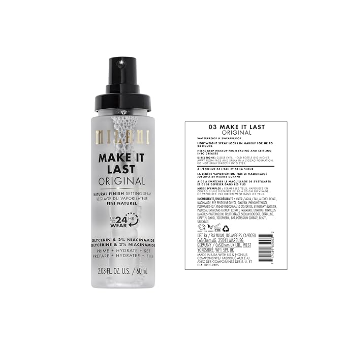 Milani Setting Spray + Primer, Make It Last Original - Natural Finish with Niacinamide for Hydration & Make It Last Dewy - Dewy Finish Moisturizing Formula for Glow on the Go - 2 Pack