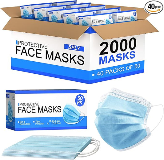 [Pack of 2000] Fuye Blue Disposable Face Masks | Protective 3-Ply Breathable Comfortable Nose/Mouth Coverings for Home & Office | Elastic Ear Loop 3-Layer Safety Shield for Adults/Kids.