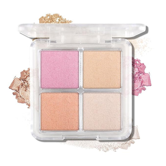 Boobeen Blush and Highlighter Palette- 4-color Metallic Shimmer Shadow Powder, Illuminator Makeup Set for Shading, Highlighting & Defining the Face