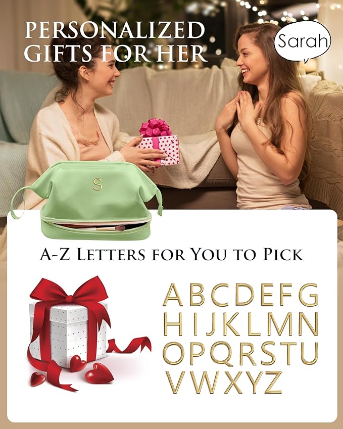 Gift for Everyone,Initial Large Makeup Bag, Bride To Be Gifts, Double Layer Cosmetic Bag, Waterproof PU Travel Toiletry Bag for Bachelorette Party Women Wedding Bridal, Bride Gifts