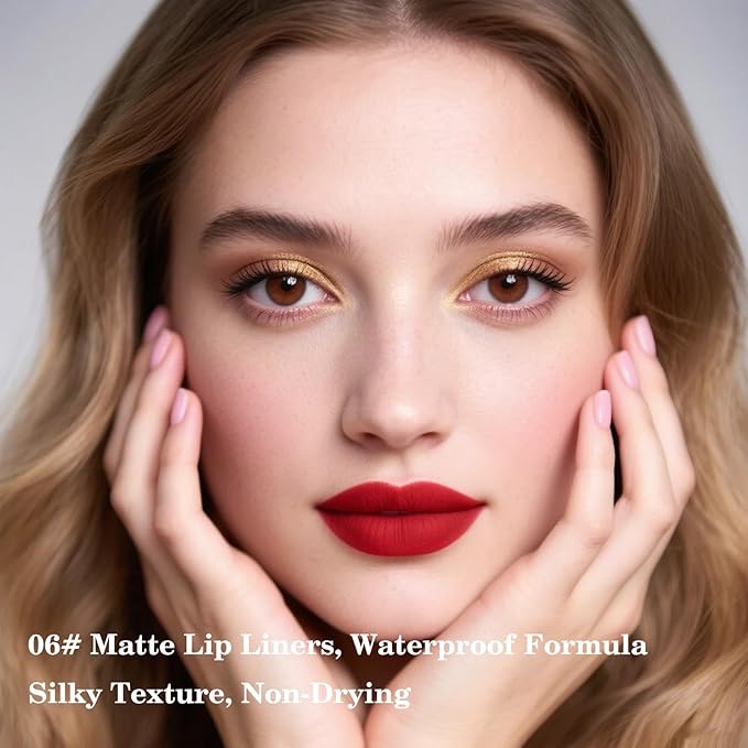 2-in-1 Gradient Red Lip Liner & Lipstick, Waterproof Long Lasting Matte Lip Liner Pencil, Makeup Smudge proof lip liner with Cone Tip (06#-Carmine)