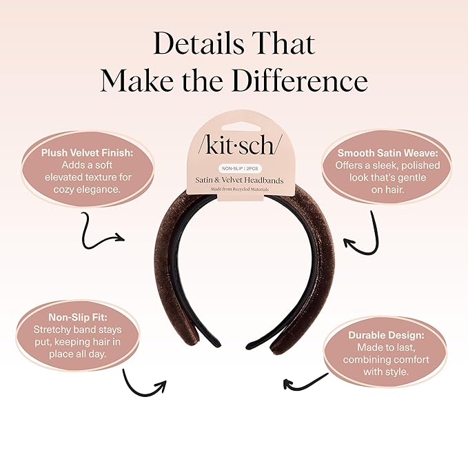 Kitsch Velvet & Satin Headbands for Women - Non Slip, Soft and Lightweight - Stylish Headbands for Girls with Chic Neutral Shades | Ideal Gifts for Women - Black & Chocolate, 2pc Set