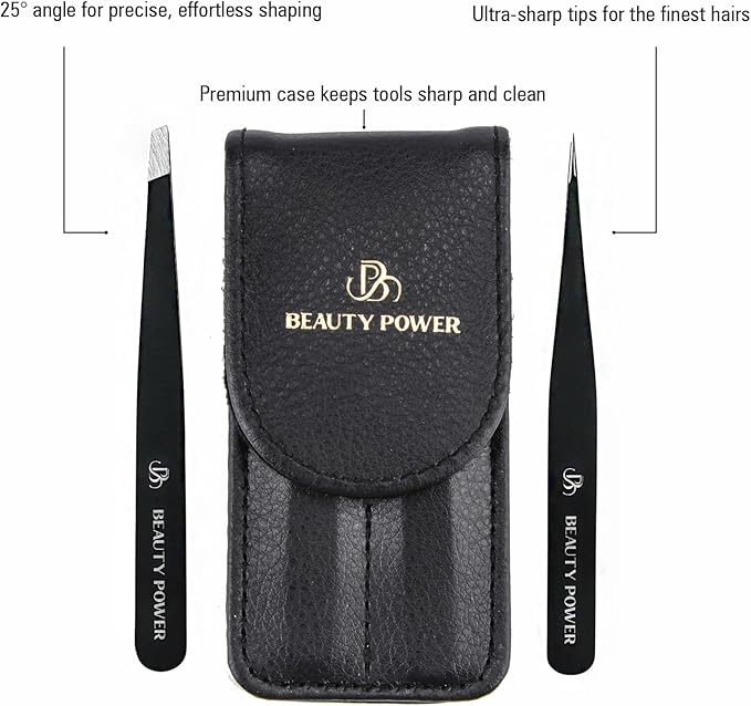 Precision Tweezers for Women Facial Hair & Men - Professional Tweezers Set with Slant & Point Tips, German Stainless Steel, PU Leather Travel Case, Lightweight & Ultra Precision Black
