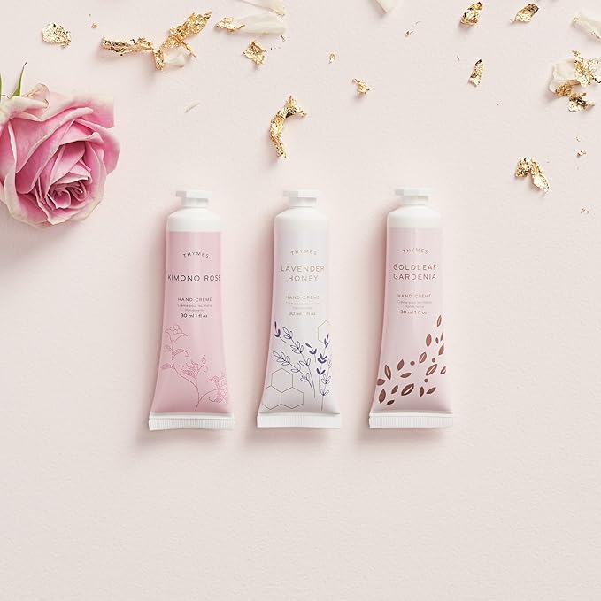Thymes Hand Cream Trio - Kimono Rose, Lavender Honey & Goldleaf Gardenia