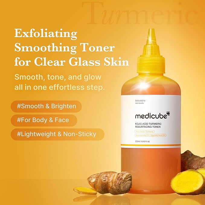 medicube Kojic Acid Turmeric Smoothing Toner for Face & Body | Lightweight Daily Toner for Balancing Uneven Skin Tone & Texture | Niacinamide, Glycolic Acid for Clear Glass Skin | 8.45 fl.oz