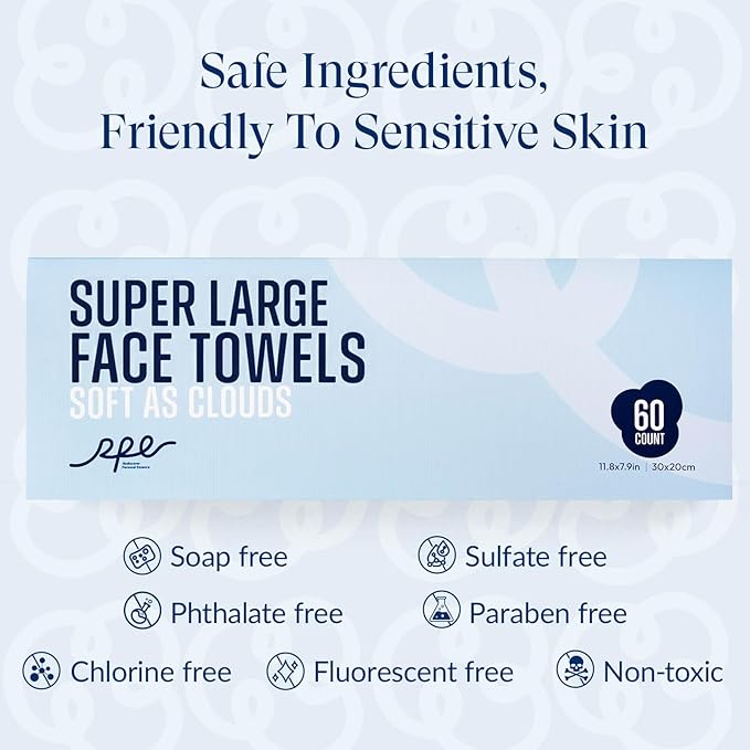 XL Disposable Face Towels, Ultra Soft Makeup Remover Dry Wipes, 100% Biodegradable, Non-Toxic, Facial Towelettes for Washing Face, Thick Towelettes for Sensitive Skin, Unscented, 60 Count