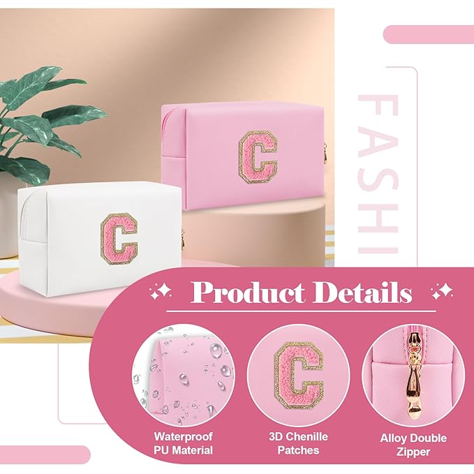 Personalized Initial A-Z Preppy Patch Makeup Bag,Small PU Leather Chenille Letter Cosmetic Bag with Zipper for Teen Girls,Pink Cute Travel Toiletry Bag,Birthday Monogrammed Gift for Daughter,Letter C