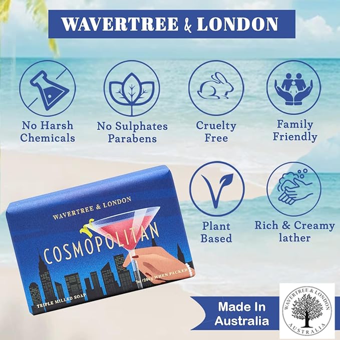 Wavertree & London Cosmopolitan Scented Natural Soap (2 Bars), 7oz Moisturizing French Triple Milled Soap Bars enriched with shea butter - Pure Plant Based Bath & Body Bars for All Skin Types