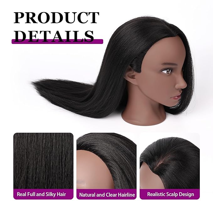 Beauty Star Mannequin Head, Manikin Doll Head 80% Real Human Black Hair for Styling, Cosmetology Makeup Hairdressing Training Practice Head with Clamp Stand and DIY Hair Styling Braiding Set