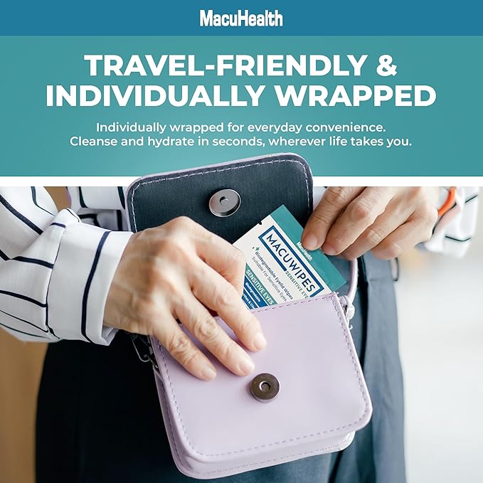 MacuHealth MacuWipes Sensitive - Pre-Moistened Eyelid Wipes for Dry, Sore & Gritty Eyes, Alcohol-Free, Rinse-Free Formula with Tea Tree Oil & Micellar Water, Individually Wrapped - 20 Count