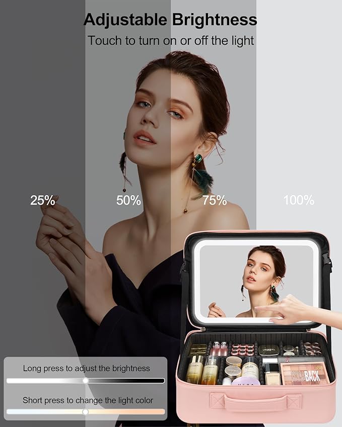 Chomeiu Makeup Bag with LED Mirror, Large Train Case for Makeup Artists, 16.2 inches Travel Professional Cosmetic Organizer with Light Up Mirror, 3 Color Lights, Brush Holder & Shoulder Strap (Pink)