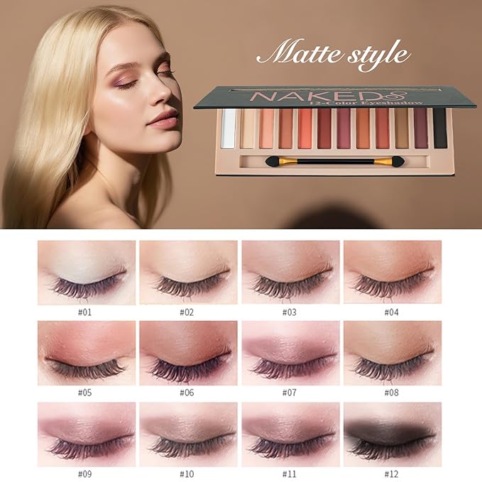 12 Colors Makeup Eyeshadow Palette*2 Pack, Natural Nude Matte & Shimmer Eye Shadow Palette and eyeshadow brush Set,Waterproof Smokey Professional Cosmetic Beauty Kit