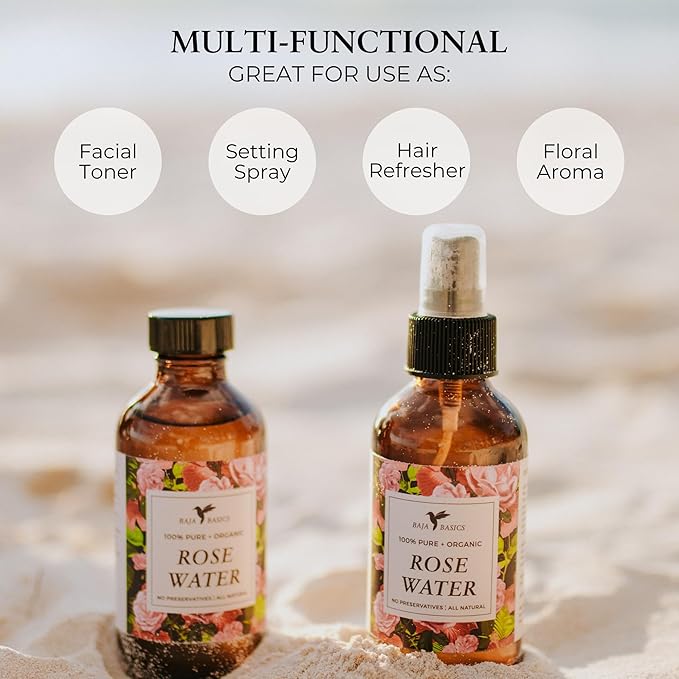 Rose Water Spray for Face by Baja Basics - Pure, Organic Facial Toner for Hair and Aromatherapy Large 4 oz