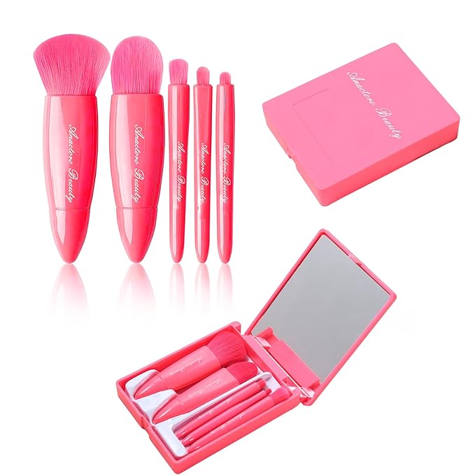 Travel Makeup Brushes Set, Easy Taken 5pcs Mini Makeup Brushes Kit with mirror, ON-THE-GO, Makeup Set for Beauty Blender, Get Glam On-the-Go! strawberry