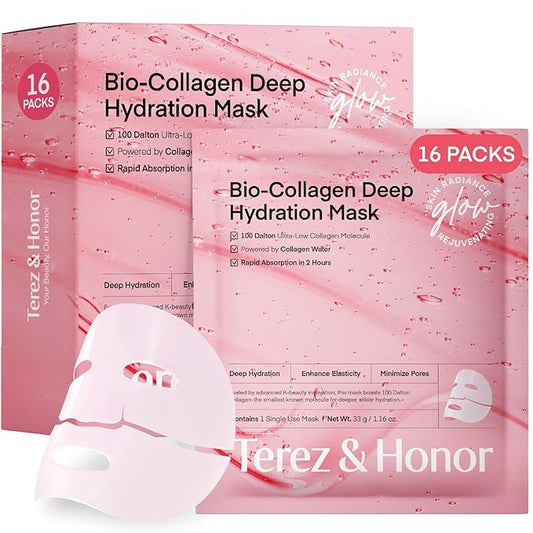 TEREZ & HONOR Korean Real Deep Bio Collagen Face Mask - 16 ea x 33g 100 Dalton Ultra Low Marine Collagen Overnight Hydrogel Masks for Glass Glow Skin, Hydration, Pore, Elasticity, Firming, Unscented