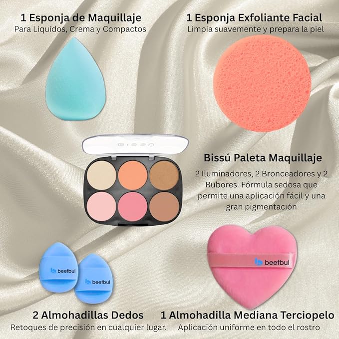 Makeup Kit Bissú 6‑Color Palette + Velvet Puff + 2 Finger Puffs + Makeup Sponge + Exfoliating Sponge (4 Styles) (01 Mera Mera)