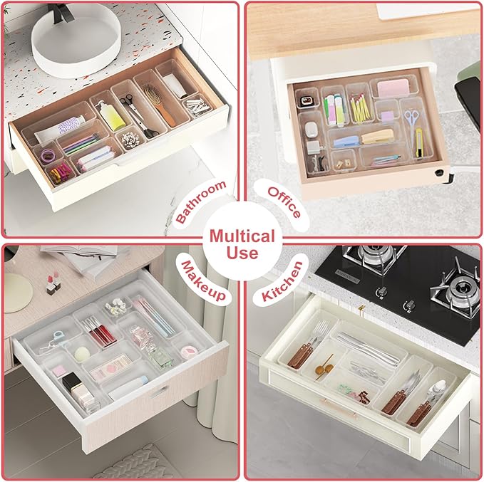 12 PCS Plastic Drawer Organizer Set, Sturdy 3-Size Makeup Vanity Desk Drawer Organizer Trays and Storage Bins for Cosmetics, Junk and Gadgets – Ideal for Bathroom, Bedroom, Office and Kitchen
