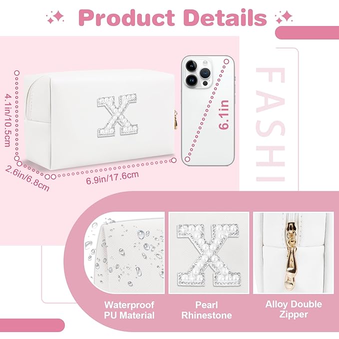 Bride Gifts – Personalized Initial Makeup Bag with Pearl Rhinestone Patch, Preppy White Monogram Cosmetic/Toiletry Pouch, bridesmaid Gifts, Bridal Shower Gifts, Wedding Gifts, Bridal Gifts,X