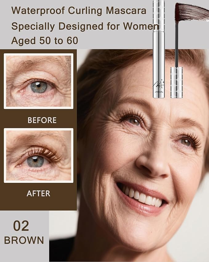 Mascara for Older Women 60 Plus,Black Brown Prime Waterproof Length and Volume Lash Mascara for Seniors,Hypoallergenic Volumizing Máscara with Thinning Lashes,Long Lasting No Clumps for Sensitive Eyes