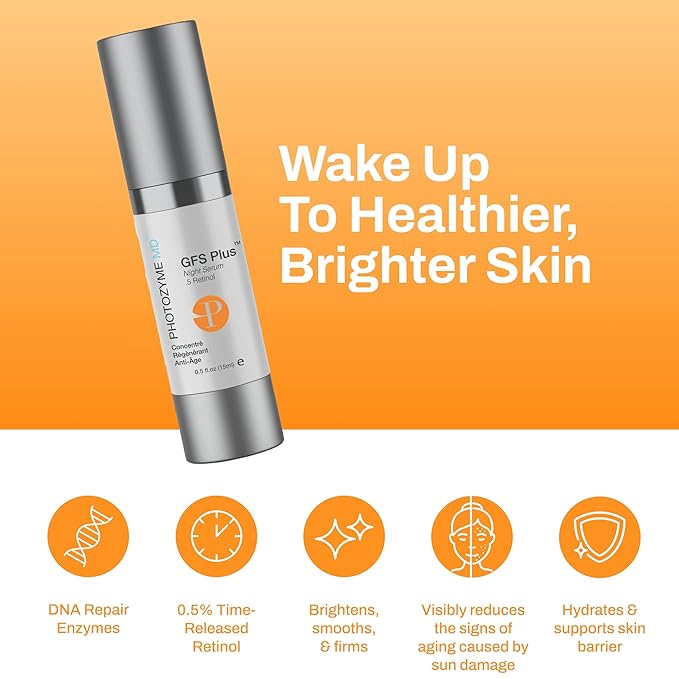 Photozyme GFS Plus Night Serum with 0.5% Retinol – Anti-Aging Peptide Complex – Reduces Wrinkles, Dark Spots & Sun Damage – Brightens, Firms & Evens Skin Tone – 0.5 fl oz