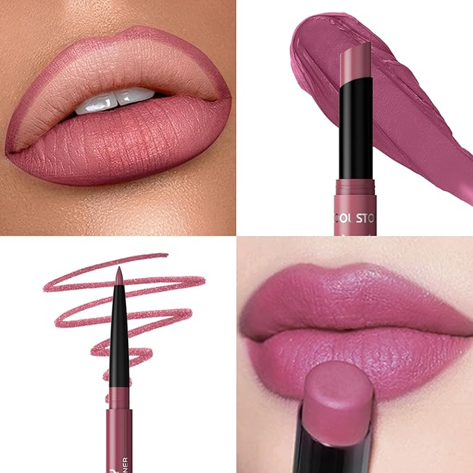 COOL STORY 2 Piece Lip Liner and Lipstick Set, Long Lasting Formula, Professional Makeup Kit (03)