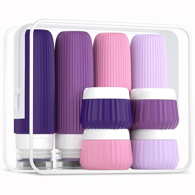 Travel Bottles for Toiletries - 8 Pack, TSA Approved 3oz Travel Containers, Leak Proof Silicone Squeezable Cream Jars with Clear Bag