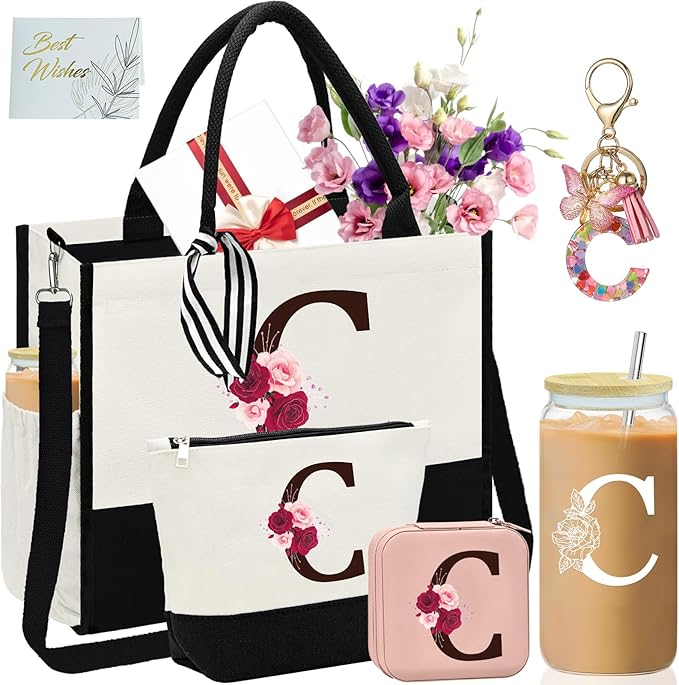 Birthday Gifts for Women,Initial Canvas Tote Bag,Monogrammed Gift for Women,16oz Initial Glass Cup,Makeup Bag with Zipper,Jewelry Organizer Box,Personalized Gifts for Mom-C
