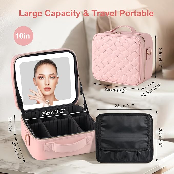 BEAUTY CASE Makeup Case with LED Light Mirror, 10 Inch Portable Travel Cosmetic Organizer Bag with Adjustable Dividers, Rechargeable, Large Capacity, Bright Lighting, Gift for Women Girls, Pink