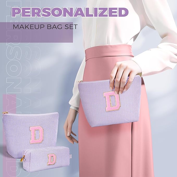 Personalized Makeup Bag for Women Girls - Fashion Cosmetic Bag Trendy Travel Toiletry Bag with Initials Letter - Teen Gifts - Lavender,D