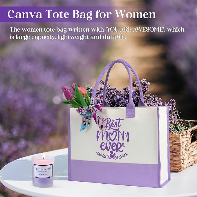 Gifts for Mom, Mother's Day Gift for Mom from Daughter Son, Birthday, Thanksgiving Day, Christmas Gifts for Mother, Care Package, Gift Basket with Canvas Tote Bag Sock Tumbler Soap Flower