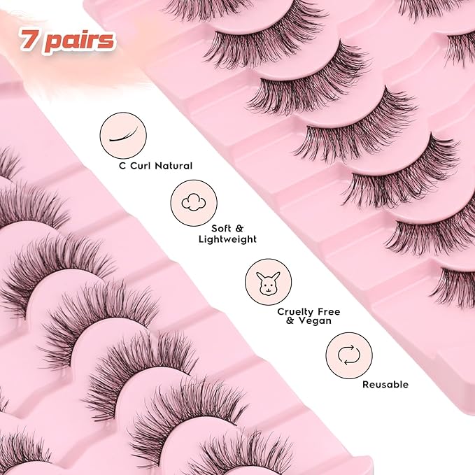 Natural Lashes Fake Eyelashes Pack C Curl Strip Lashes 13MM False Eyelashes Natural Looking 3D Volume Lash thin Band Eyelash Pack 7 Pair Siligli