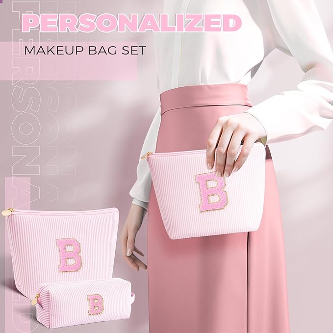 Bridesmaid Gifts Wedding Day - Bridal Shower Gifts,Maid of Honor Gifts,Initials Makeup Bag Set Cosmetic Bag - Pink,B