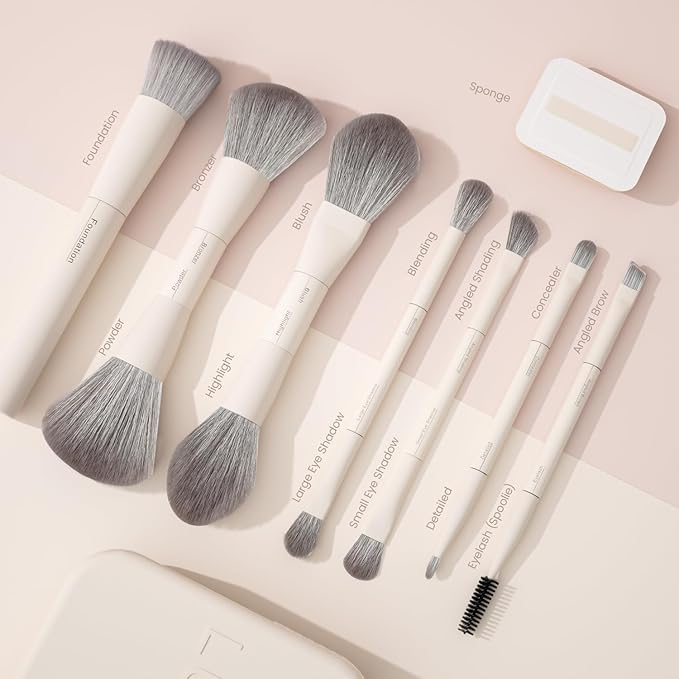 LULUCOLORS-Dual-Ended Makeup Brush Set with Sponge & Travel Case-13 Kinds of Multi-Functional Brushes for Face & Eyes – Soft Bristles, Easy Travel Brush Set (Cream White)