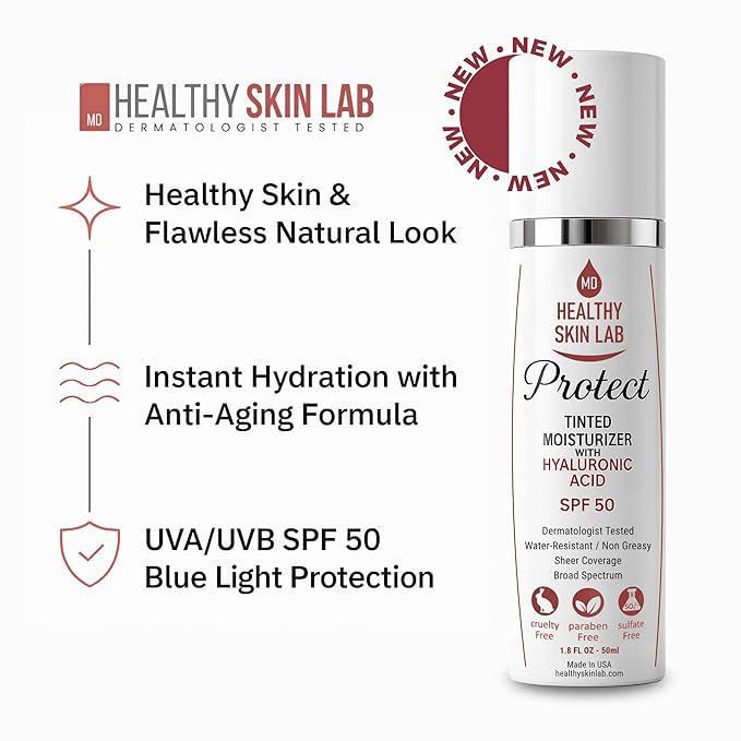 Protect Tinted Moisturizer & Mineral Sunscreen SPF 50, Anti-Aging, Lightweight Makeup With Broad Spectrum UV Protection + Hyaluronic Acid, Dermatologist-Tested, All Skin Types, 1.8 oz