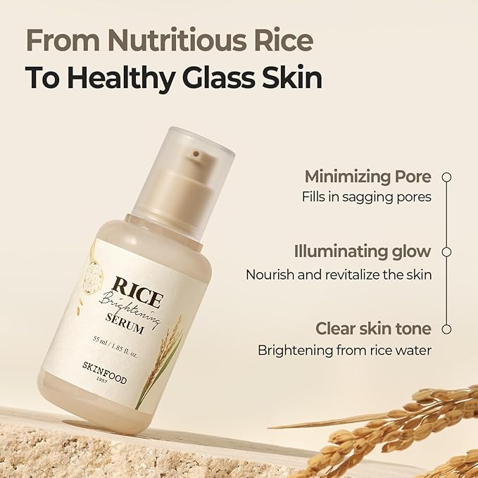 SKINFOOD Rice Daily Serum, Korean Skincare Facial Essence for Glow Glass Skin, Fermented Natural Rice Water Milk for Face, Pore Minimizing, Deep Hydrating, Dark Spot Correcting, 55ml/1.86fl.oz.