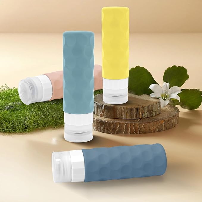 Travel Bottles for Toiletries, 4pcs Tsa Approved 3oz Travel Size Containers, BPA Free Leak Proof Premium Silicone Bottles, Refillable Liquid Squeezable Accessories W/Toiletry Bag(Bright)