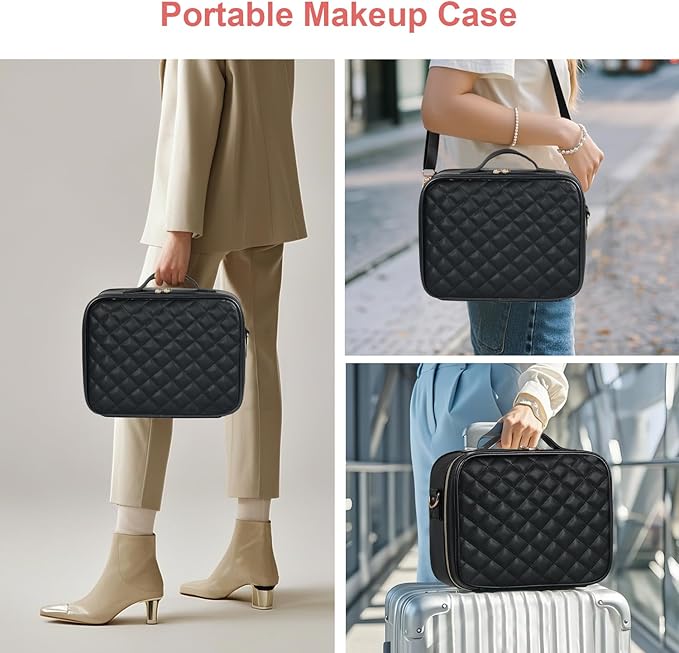 Makeup Case with LED Light Mirror, Professional Portable Travel Cosmetic Organizer Bah with Adjustable Dividers, USB Charging, Large Capacity, Ideal for Travel, Gift for Women Girls, Black