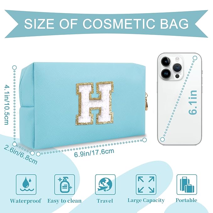 Small Personalized Initial A-Z Preppy Patch Makeup Bag,PU Chenille Letter Travel Cosmetic Pouch with Zipper,Blue Cute Toiletry Bag,Gift Ideal for Teen Girls Women Teacher Bridesmaid,Letter H