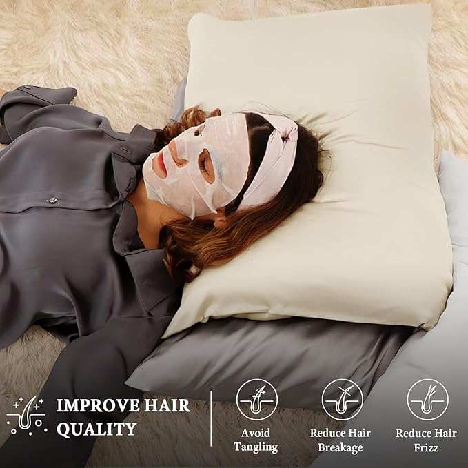 BHZ Satin Goose Down Feather Pillows Standard Size Set of 2 with Beige Satin Pillowcase for Hair and Skin, Cooling Pillow Cases Similar to Silk Pillow Cases, Christmas Decor Gifts for Women, Mom Men